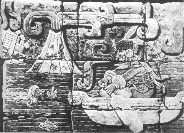 Dit kunstwerk maakte ooit deel uit van de oude Maya-stad Tikal, in Guatemala. Het beeldt waarschijnlijk de ondergang van Atlantis uit. Omdat dit niet in het heersende plaatje paste, nam een Duitse archeoloog het mee naar Duitsland, waar het "toevallig" vernietigd werd in de Tweede Wereldoorlog
